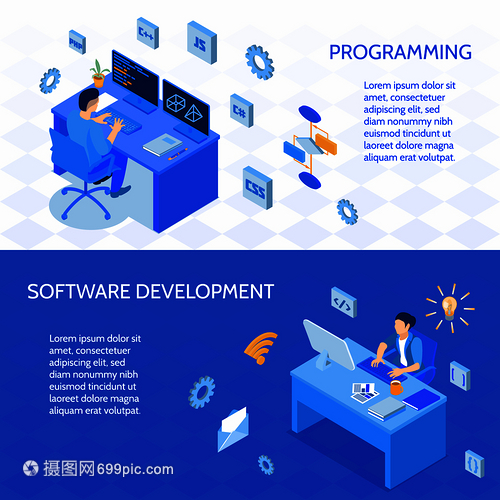 水平等距横幅程序员编码开发软件孤立向量插图